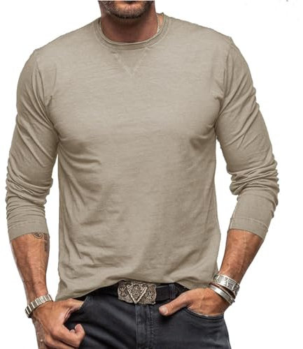 Men's T-Shirts Long Sleeve Casual Classic Tee Cotton Crew Neck Lightweight Fashion Casual Tshirts Khaki M