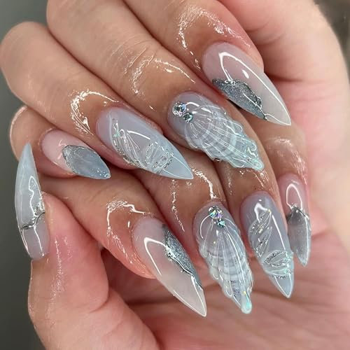 Lot de 24 faux ongles à presser - En forme d'amande - Bleu - 3D - Coquillage - Paillettes - Argenté - À coller - Strass - En acrylique - Pour femme