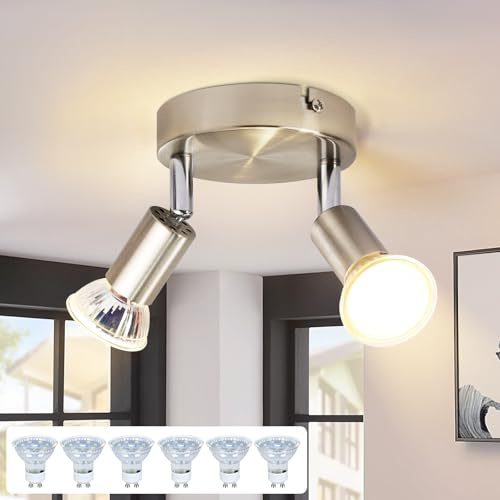 meoaow Deckenstrahler LED Küchenlampe GU10 mit 6 × GU10 Glühbirne 2 Flammig | Deckenlampe Rund Schlafzimmerlampe Modern Flurlampe 350° Deckenleuchte Spots für Küchen Flur Schlafzimmer Wohnzimmer