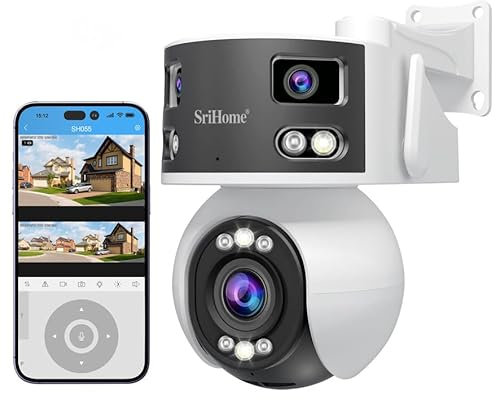 SRIHOME 8 MP PTZ Überwachungskamera, 2,4/5 GHz, WLAN, Dual-Band, mit mehreren Linsen, 170° Sichtfeld, IP-Kamera, unterstützt die Erkennung von Personen/Fahrzeugen/Pet, Nachtsicht, Bi-Audio