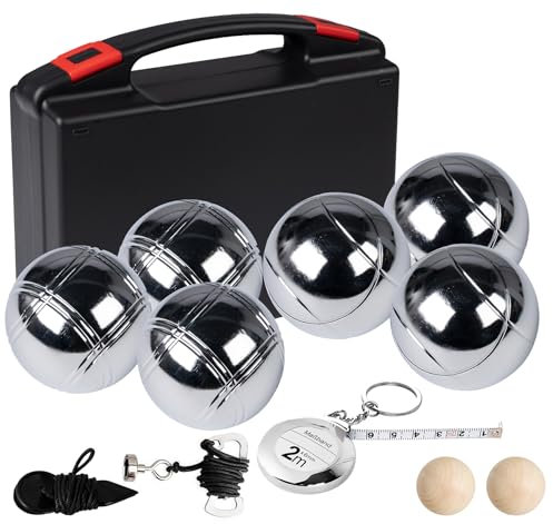 Lindahandel Boule Set mit Boccia Kugeln & Gravur – Personalisierte Petanque Metallkugeln (73mm/720g) mit Abstandsmesser, Magnet & Tragetasche für Garten, Strand, Park (Muster A + 6 Bälle)