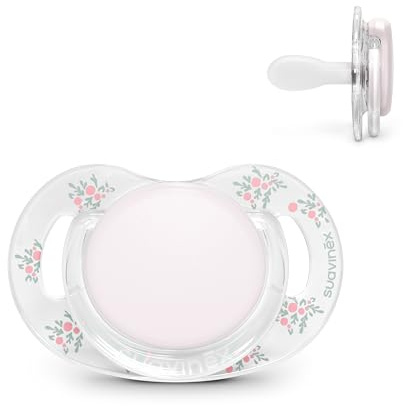 Suavinex, Baby Schnuller 0/6 Monate und Neugeborene, SX Pro Physiologischer Silikon-Sauger, Flach, Symmetrisch & Flexibel, Unterstützt die Mundentwicklung, Transparenter Schild, Poetry Rosa