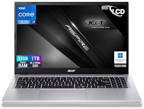 Acer Notebook Aspire Silver Intel Core i7-13620H 13Th Raptor Lake, 10Core, Display FullHD 15,6,RAM 32Gb DDR5 5200Mhz, SSD PCIe NVMe 1000 Gb, Wi-Fi6, BT, 2 usb, 2 USB type-c,Windows 11 Pro,Configurato