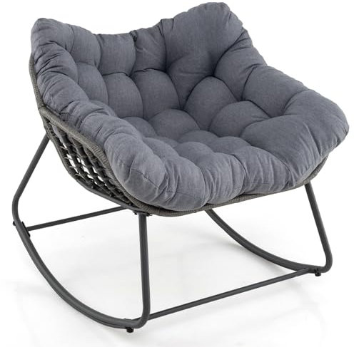COSTWAY Fauteuil a Bascule Exterieur Interieur, Rocking Chair en Rotin PE, Coussin Épais Amovible, Bande Antidérapante, Fauteuil Œuf pour Balcon Porche Salon, Charge 150 kg, 98 × 98 × 87 cm (Gris)