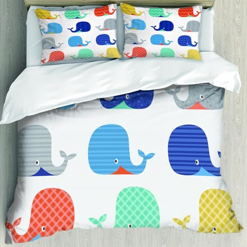 MJNLYDAO Bedding duvet set Reversible soft print set Hypoallergenic glue cover Bedding kit with 2 pillowcases,Children, fish sea l funny Colorful whales in stripes dots geometric zigzag,178x208cm