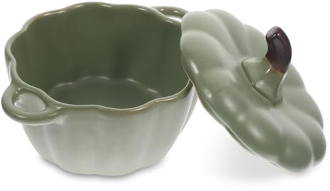 FELTECHELECTR Bol de Cerámica para Cocina con Tapa Olla para Estofado y Postres Cuenco con Doble Asa Diseño Calabaza para Sopa y Decoración Color Verde Oscuro