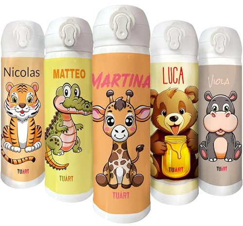 TUART Borraccia Termica Personalizzabile per Bambini 450ml Acciaio Inox | Con Animaletti, Con Nome