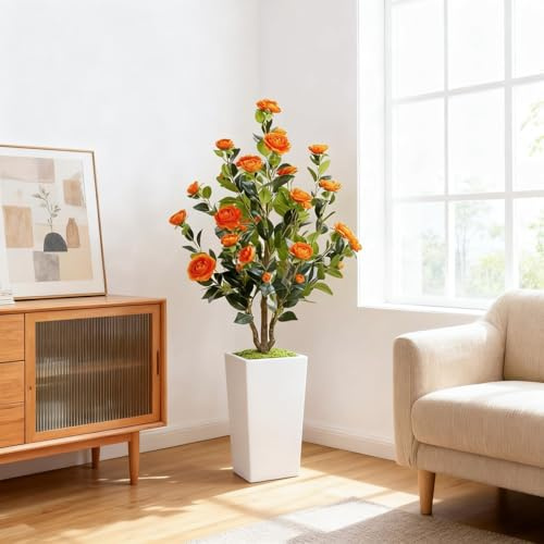 GarveeLife Árbol de Camelia Artificial con Maceta Blanca, 120 cm, Planta Artificial Grande en Maceta, con Hojas y Flores Ajustables, decoración para casa, Boda, Fiesta, jardín, decoración, Naranja