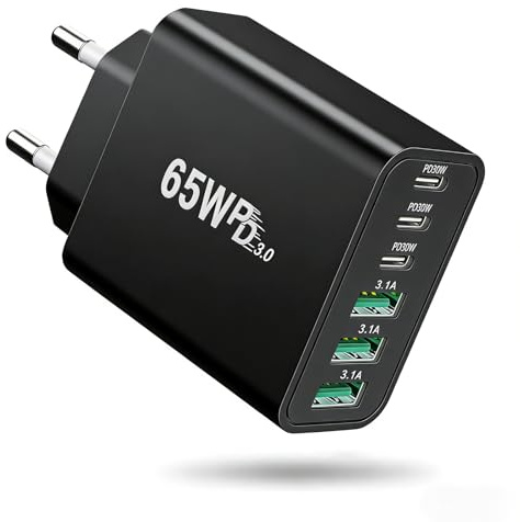 Rantuia 65W GaN Mehrfachladegerät 6 Port, Kompaktes USB-C Schnellladegerät mit 3×USB-C PD & 3×USB-A Anschlüssen, EU Reise Ladeadapter für iPhone 16/15, Samsung S24/S23, iPad, Laptop, Schwarz