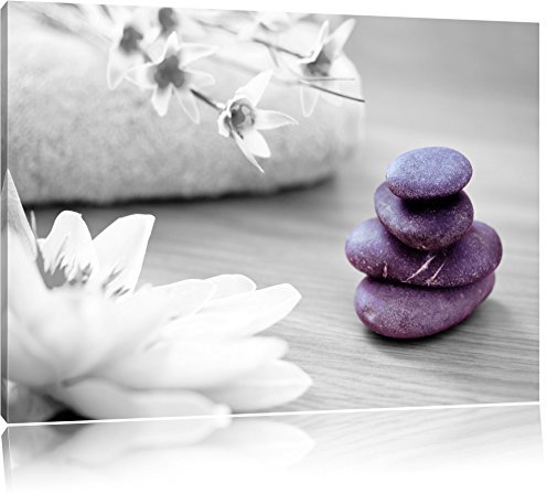 Pixxprint Lotusblüte auf Zen Stein B&W, Größe: 100x70cm, Leinwandbild, fertig gespannt, Wandbild, Dekoration, Kunstdruck, kein Poster