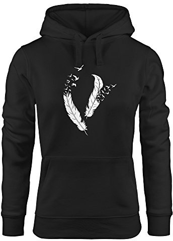 Neverless Hoodie Damen Feder Vögel Sweatshirt Kapuze Kapuzenpullover Feather Birds schwarz XS