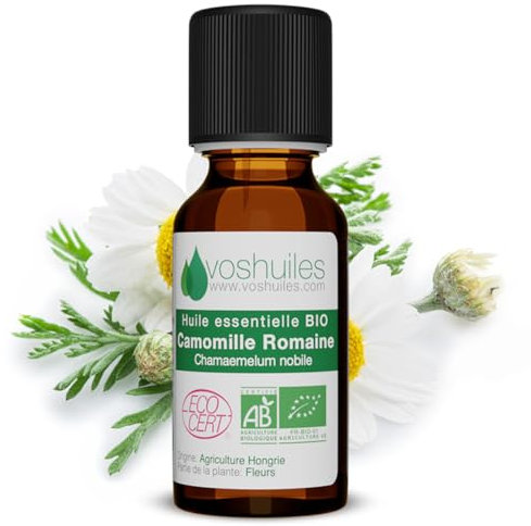 Huile Essentielle BIO de Camomille Romaine - 100% Pure et Naturelle - HEBBD et ECOCERT - Huile Essentielle aux Nombreuses Vertus et Applications 5ml - VOSHUILES