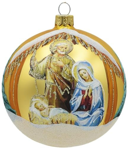 VITBIS - Boule de Noël en Verre - 10 cm - Soufflée à la Bouche - Décorée à la Main et fabriquée à la Main - Décoration de Sapin de Noël - Couleur dorée Mate avec décoration de la Sainte Famille