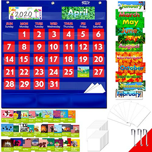 Blaues Kalender-Diagramm mit Taschen und 104 Karten (72 illustrierte Aktivitätskarten, 32 trocken abwischbare Flash-Karten und 3 Haken 51 cm x 56 cm, Englische Ver.)