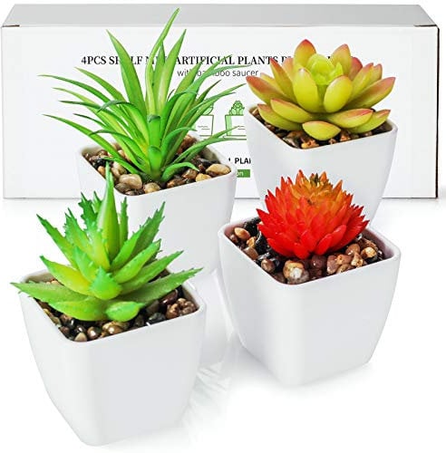 TJ.MOREE Artificial Plants Cute Green Succulents Mini Size, With Bamboo Tray, Perfect for Living Room Bedroom Bookshelf Office Decoration, Set of 4