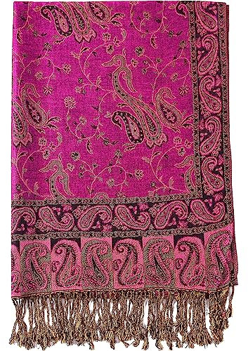 Becolored Paisley Fiori Borders Pattern Pashmina Sciarpa di Seta Scialle Coperta Avvolgente Reversibile Confortevole Con Frange, 3-fucsia Rosso, Large
