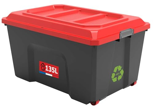 Sundis Locker, Aufbewahrungsbox mit deckel, 135 L, mit clips, aus recyceltem Kunststoff, verstärkt, stapelbar, ideal für Werkstatt, Transport, Garage, Heimwerken, Schwarz und Rot