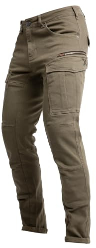 John Doe Defender Mono Motorcycle Cargo Pants for Men - Tapered Fit Riding Pants with AAA XTM-Fiber Protection, Stretch Comfort & Water-Repellent Urban Design - Olive - 34/32