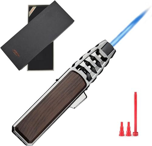 DOUBFIVSY Briquet Tempête avec Boîte Cadeau, Recharge Gaz Briquet Chalumeau de Cuisine avec Verrouillage de Sécurité et Flamme Réglable, Allume Gaz Coupe-Vent pour Camping, Soudage(Marron)
