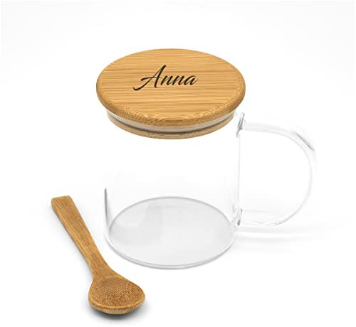 GRAVURE CONCEPT Mug En Verre Personnalisable Avec Couvercle Et Cuillère En Bambou - Idée Cadeau (COCO)