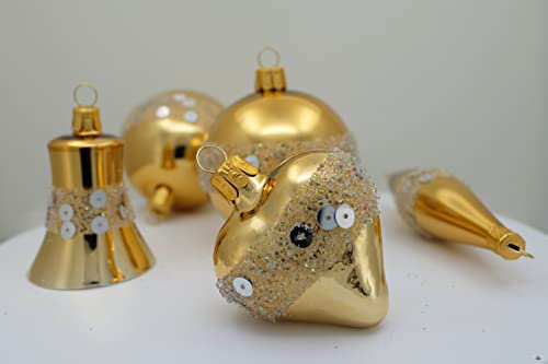 Set 5 decorazioni ornamentali in vetro soffiato e decorato a mano per albero di Natale, oro