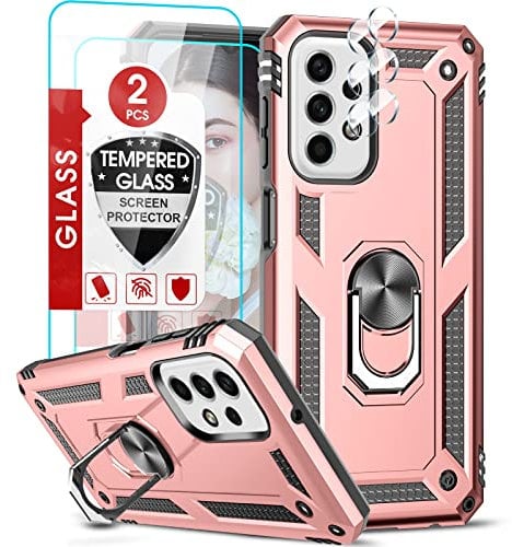 LeYi Hülle für Samsung Galaxy A23/A23 5G Stoßfest Handyhülle mit 2*Handyfolie Schutz Folie&2*Kamera Abdeckung,Kratzfest Case Metallring Halterung Ständer Silikon Handy Hüllen Schutzhülle Rosegold