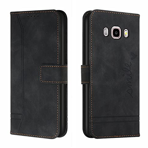 IWEIQING Case for Samsung Galaxy J5 2016, Premium PU Leather Cover TPU Bumper with Card Holder Kickstand Hidden Magnetic Adsorption Flip Wallet Case Cover for Galaxy J5 2016.Black HX