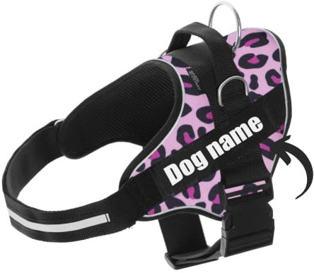 SUPER DOGGY Personalisiertes Hundegeschirr - Reflektierendes und sicheres Hundegeschirr - Brustgeschirr mit 2 Namensschildern - Geschirr für kleine, Mittlere und Große Hunde (Pink Leopard, L 21-32KG)