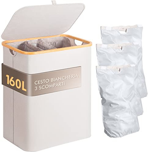 Tiklife Wäschekorb mit 3 Fächern, Wäschesammler mit Regal, ausziehbarer und abnehmbarer Wäschesack, ausziehbar, abnehmbar, Bambusrahmen,laundry basket(150L,grau) (160-beige)