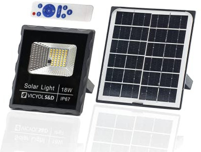 Vicyol S&D Foco Proyector LED Solar, Luz Exterior de 18W, Iluminación de Seguridad IP67 4000K, 50 LED Con Panel Solar Para Patio, Jardín, Garaje. 1.2Ah. Impermeable.