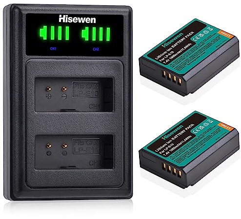 Hisewen LP-E10 Batterie 2Pack 1600mAh et Chargeur Double pour Canon EOS Rebel T7 T6 T5 T3 T100 Kiss X90 X80 X70 X50 1100D 1200D 1300D 1500D 2000D 3000D 4000D.