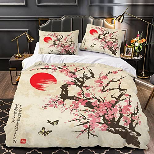 Housse De Couette Fleur De Cerisier Papillon 140x200 Enfant Ado Fille 3D Rétro Japonais Parure de Lit 1 Personne Microfibre 3 pièces Housse De Couette avec Fermeture Éclair+2 Taies d'oreiller 50x75cm