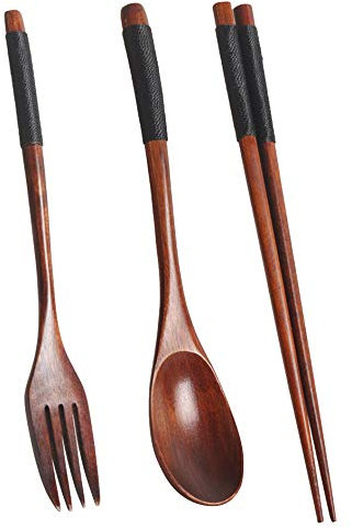 Ghulumn Wooden Set, Wooden Portable Set Chopsticks Spoon Fork Dinnerware with Black Twining Thread