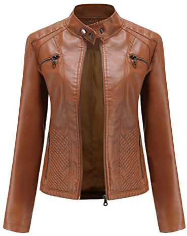 ORANDESIGNE Faux Leather Jacket Femme PU Biker Blouson Veste de Motard Vintage Blouson en Cuir PU Veste Moto Manteau Court Veste en Simili Cuir Zipper Veste en Imitation Cuir C Marron XL
