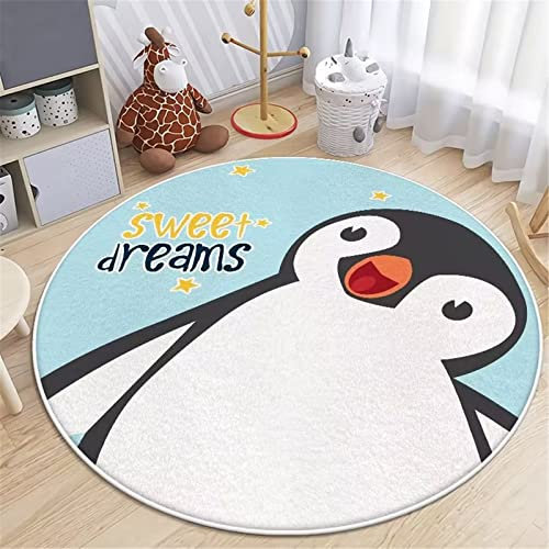 EXQULEG Kinderteppich Teppich Rund Kinderzimmer Spielmatte Babymatte rutschfest Cartoon Tiere Teppiche Flauschige Matte Kindermatte Waschbare fürs Babyzimmer Kleinkinderzimmer (Pinguin,140cm)