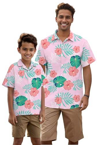 SANGTREE Boys & Men's Hawaiian Shirt Short Sleeve Button Down Shirts,2 Years - 2XL, Hawaiian pink, 11-12 Years
