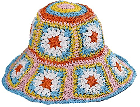 Damen Strohhut Sonnenhut Blumen gewebt Fischerhut Strandhut handgewebte Faltbare Kappe, Eimer Himmelblau, Einheitsgröße