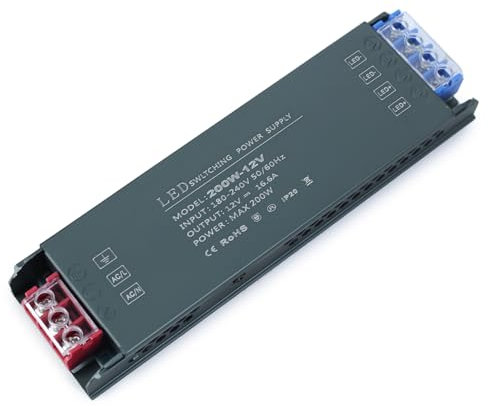 KSIBNW LED Driver 12V 200W LED Transformer AC 240V to DC 12V 16.6A, Ultra Slim Low Volt LED Power Supply Quiet 240V to 12V Transformer Adapter Fanless for LED Strip Light, LED Light Bulbs