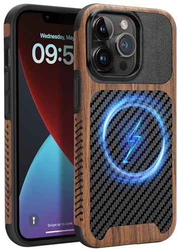 ZZDZZ Cover Magnetica Compatibile con iPhone 13 Pro Max Custodia in Legno con Carbonio e Pelle Design Protezione Antiurto Cover Compatibile con iPhone 13 Pro Max (Nero)