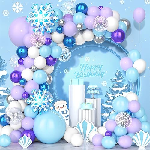 Ousuga Globos Frozen Globo Azul 120Piezas, Arco Globo Morado Azul Pastel Macarrón Púrpura Blanco Plata Guirnalda Copo Nieve Congelado Escombros Cumpleaños Invierno Niña Niño Suministros Navideñas