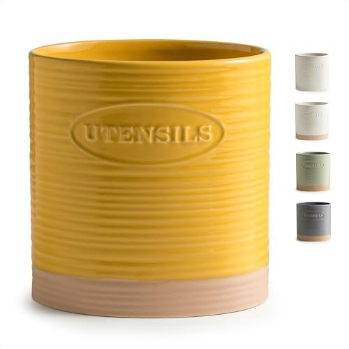 YHOSSEUN Ceramic Utensil Holder for Countertop, Large Crock for Kitchen Tools, Oval Shape, Yellow