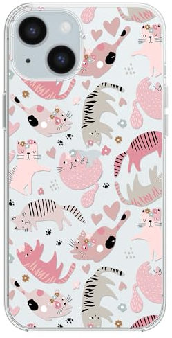 Blingy's Schutzhülle für iPhone 15, niedlicher Katzenstil mit Blumen und Herzen, lustiges Cartoon-Tier-Design, transparent, weiches TPU, transparent, 15,5 cm (6,1 Zoll) (rosa Katzen)