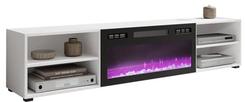 Mirjan24 TV Lowboard Plinka 180 mit Elektrischem Kamin Realistische LED-Flamme Kristallherd Fernsehschrank Fernsehtisch Unterschrank Board Schrank TV-Bank (Weiß/Weiß + Schwarz Hochglanz)