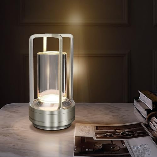 Cordless Table Lamp for Outdoor Indoor, Portable Metal Desk Lamp, Rechargeable LED Crystal Lantern Lamp, 3 Color Stepless Dimming Touch, Battery Powered Table Light for Bedroom Restaurant (Silver)