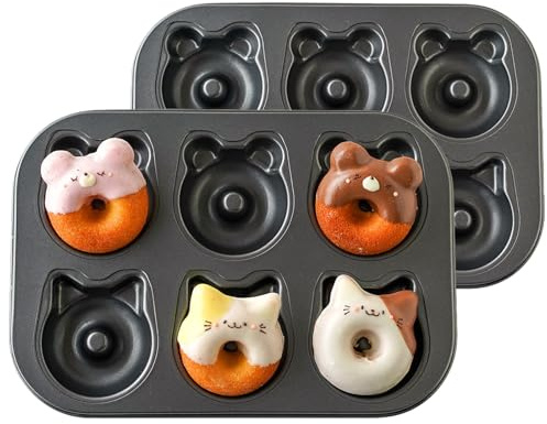 Elesinsoz 2 Pack Donut Pans, 2 1/2 Non-Stick Cat & Bear-Shaped Donut Mold Cake Pan, 6 Cup Carbon Steel Doughnut Pan for Home Baking