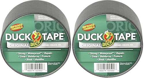Duck Tape Original Silver 50mm x 5m, Improved Formula High Strength Waterproof Gaffer and Duct Adhesive Cloth Repair Tape (Pack of 2)