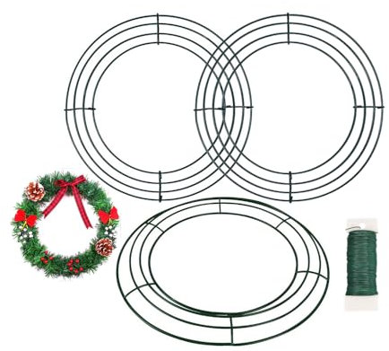 3pcs Round Metal Wire Circle Wreath Frame Form Hanger with Flexible Paddle Wire for Crafts,Christmas Wreaths Tree,Garland,Floral Flower Arrangements,New Year and Seasonal Holidays Decor (Green, 10“)