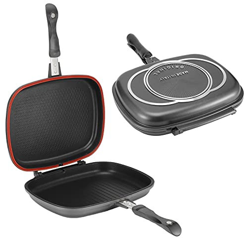 Sartén de Doble Cara, Sartén Doble Antiadherente de Aluminio para Parrilla, Sartén para Tortilla, Sartén Abatible con Mango Anti Quemaduras, Suministros de Cocina de 12,6