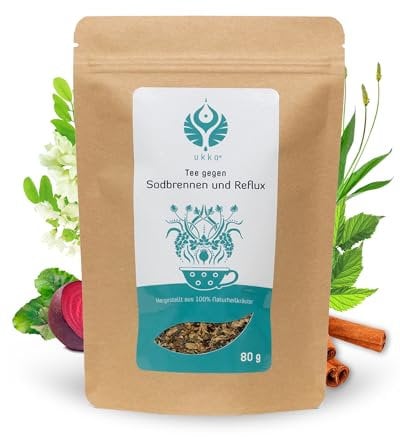 UKKO Mezcla de té de reflujo, té de hierbas naturales suelto contra la acidez estomacal, reflujo ácido, té gástrico para la digestión, té calmante, antiinflamatorio, 80 g, sin gluten, vegano,