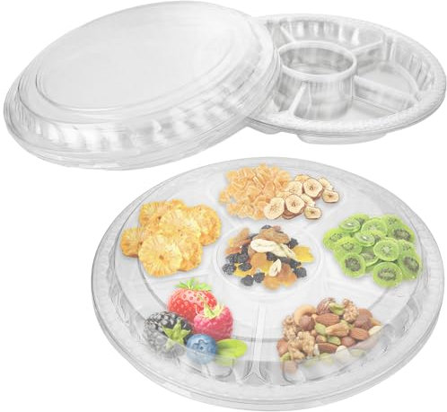 ZOFUN 20 Pcs Compartment Trays with Lids, 32 cm/12.6 inch Round Nibbles Platters with 6 Grids, Snacks Sectioned Platter Trays with Lid, Plastic Section Platters for Serving Nibbles Snacks